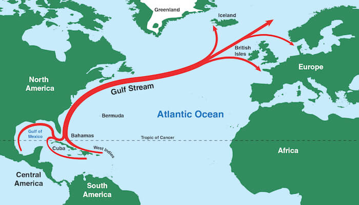 an illustration of the Gulf Stream beginning in the Gulf of Mexico and ending near the British Isles an illustration of the Gulf Stream beginning in the Gulf of Mexico and ending near the British Isles